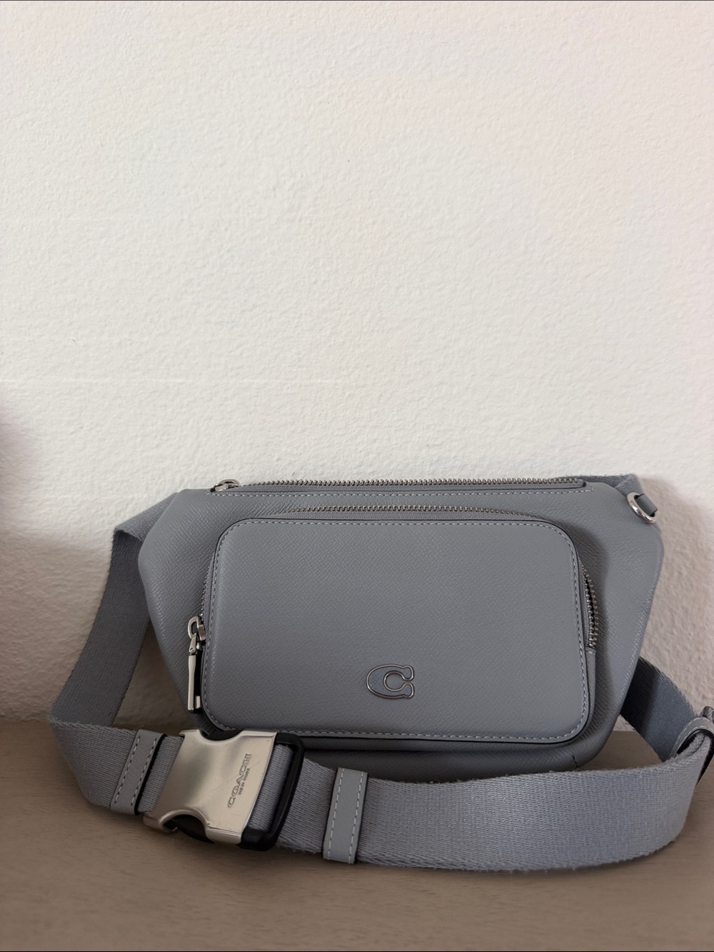 Coach Men's Light Gray Leather Belt Bag with Silver Hardware